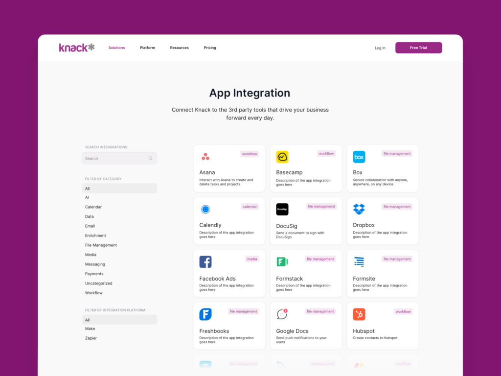 knack app integration page with icons and short description of applications