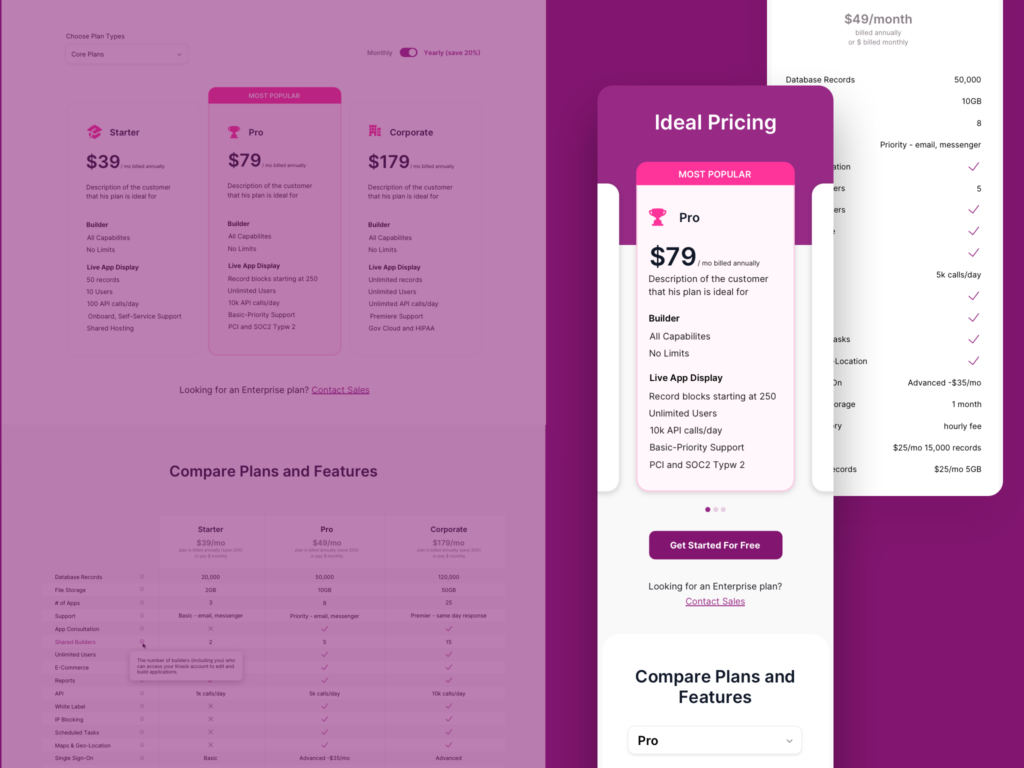 knack pricing table on desktop and mobile