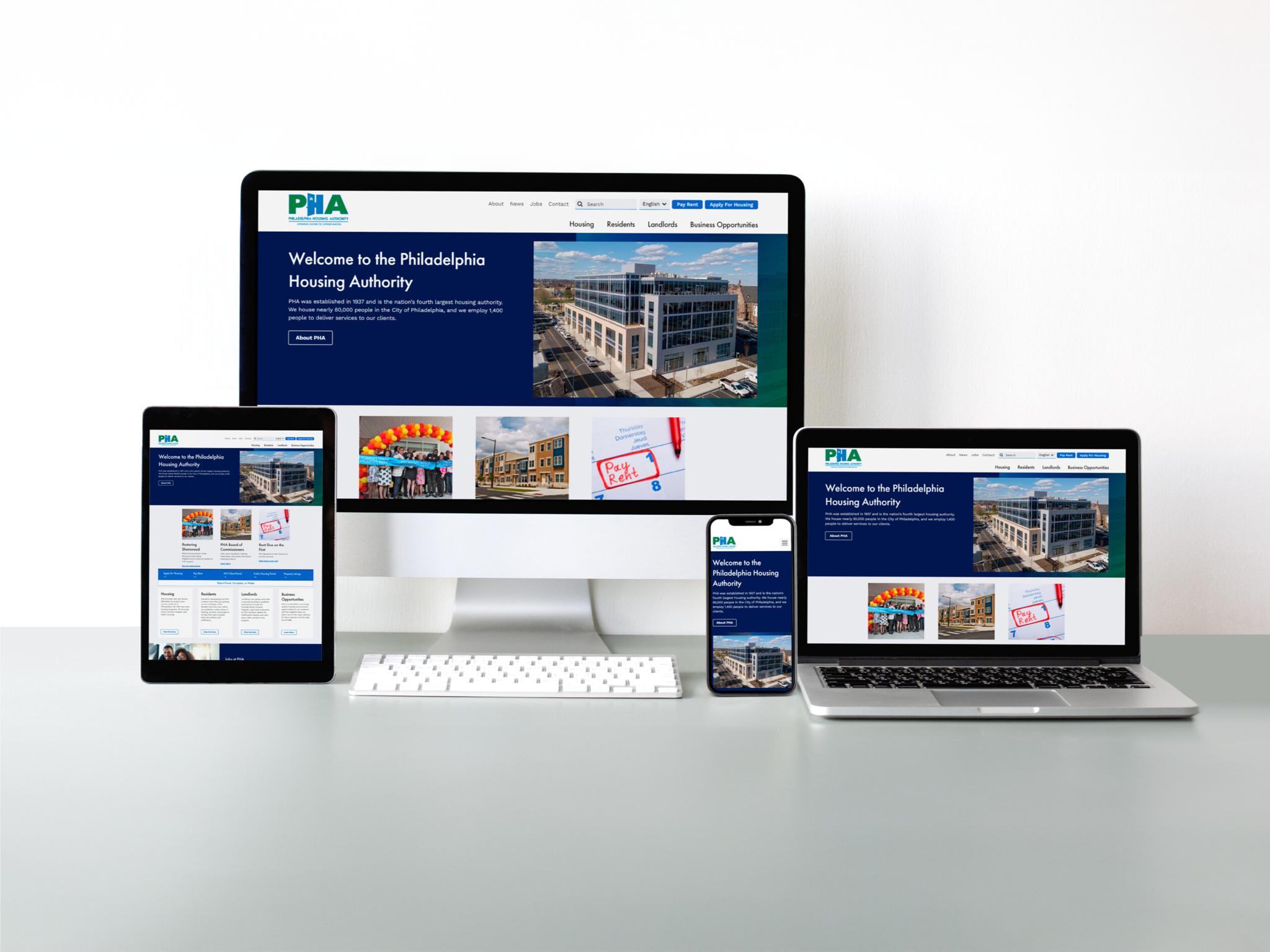 Philadelphia Housing Authority Home page shown on different sized devices