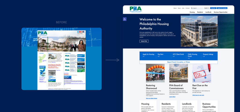 PHA home page before and after