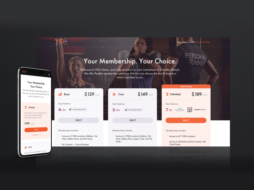 vida membership options on mobile and desktop