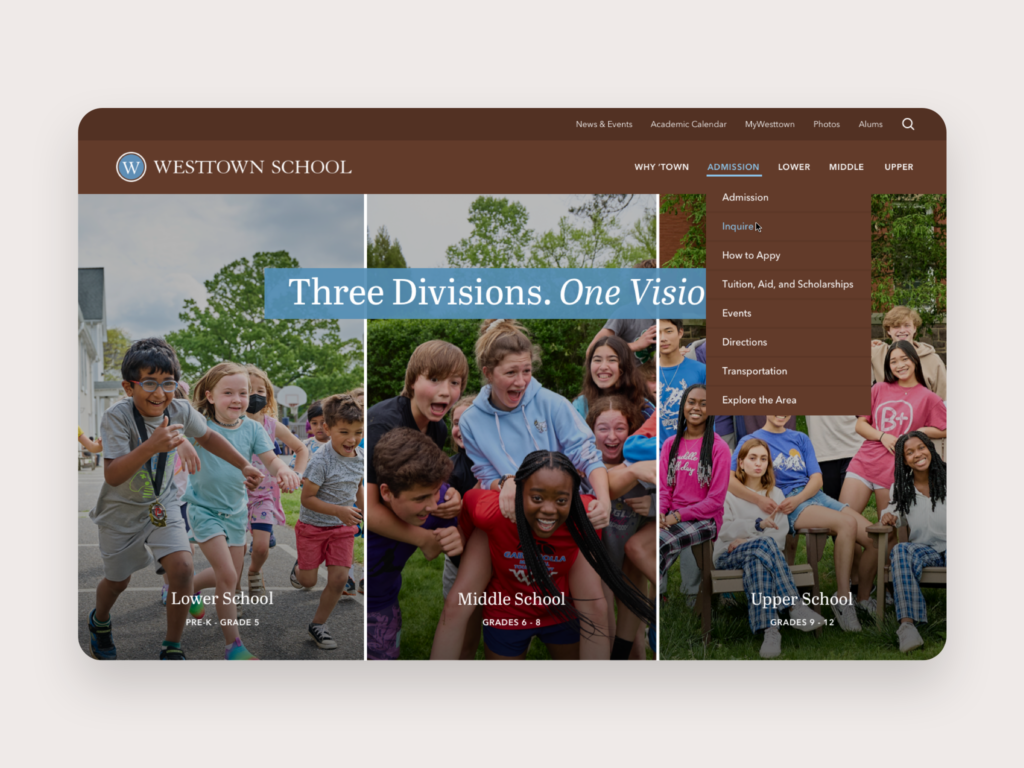 westtown school homepage with Admission Menu expanded